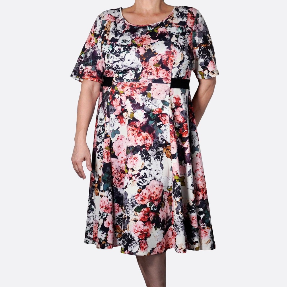 Eloquii Scuba Fit Flare Dress Floral Crimson Red Plus Size 2X Romantic Coquette